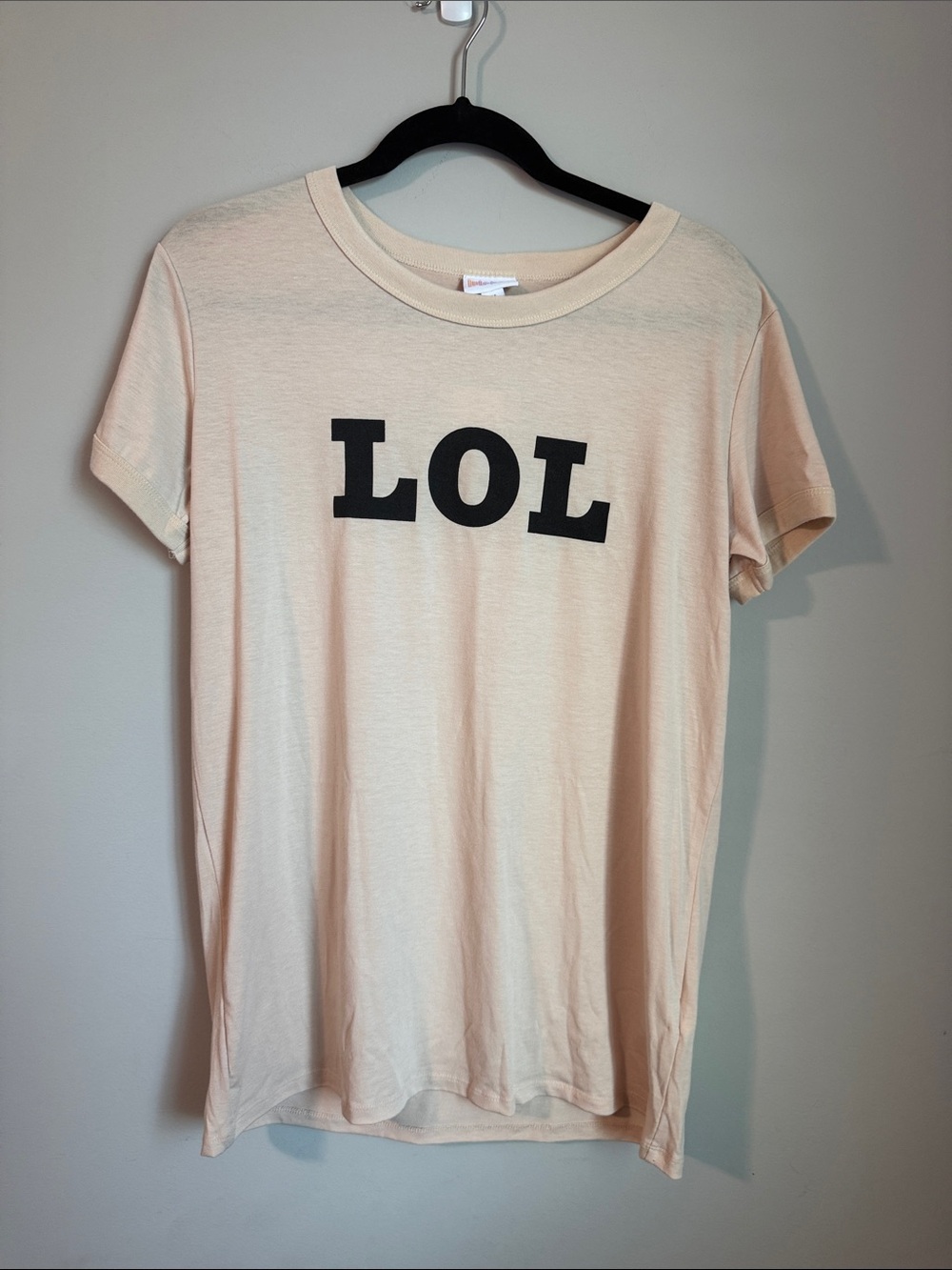 LuLaRoe Cream Short Sleeve Tee with Black LOL Print